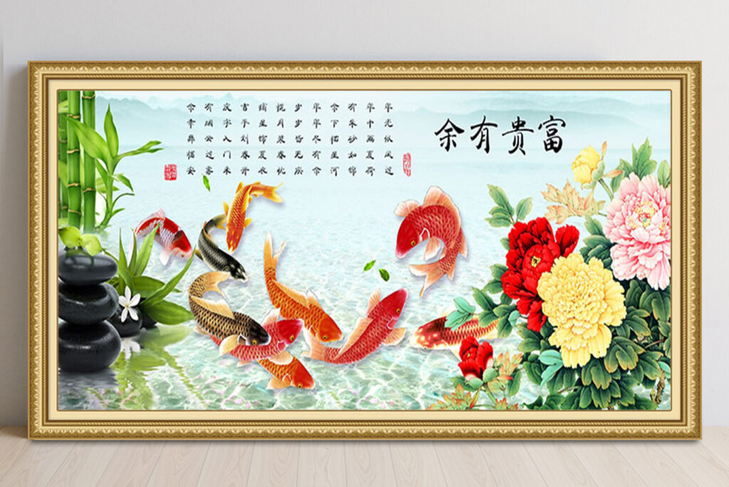 Mẫu tranh cửu ngư quần hội cá chép hoa sen đẹp