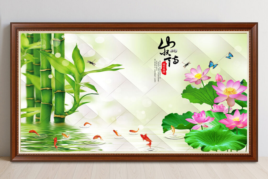 Mẫu tranh cửu ngư quần hội cá chép hoa sen đẹp