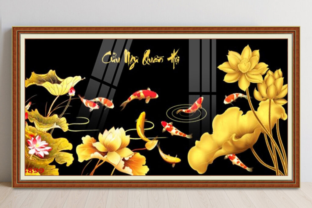 Mẫu tranh cửu ngư quần hội cá chép hoa sen đẹp