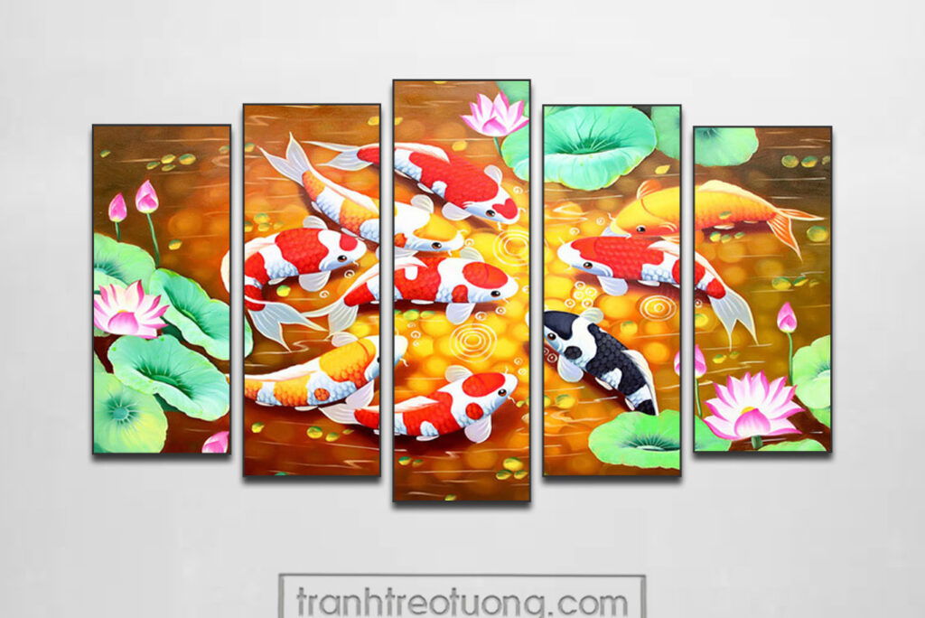 Mẫu tranh cửu ngư quần hội cá chép hoa sen đẹp