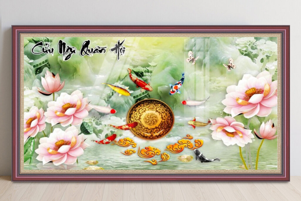 Mẫu tranh cửu ngư quần hội cá chép hoa sen đẹp