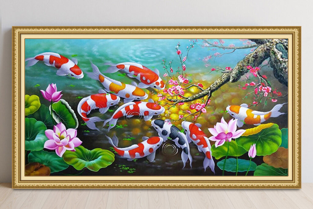 Mẫu tranh cửu ngư quần hội cá chép hoa sen đẹp