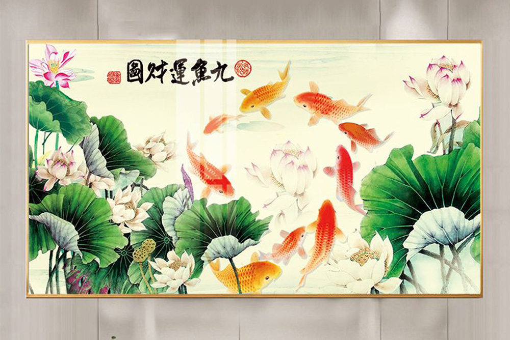 Mẫu tranh cửu ngư quần hội cá chép hoa sen đẹp