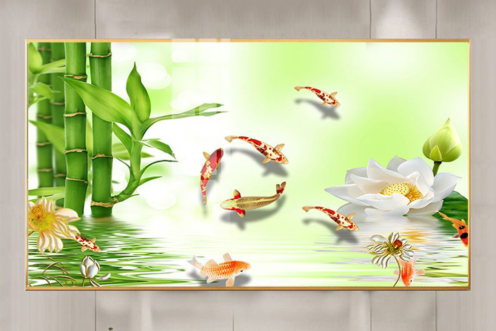Mẫu tranh cửu ngư quần hội cá chép hoa sen đẹp