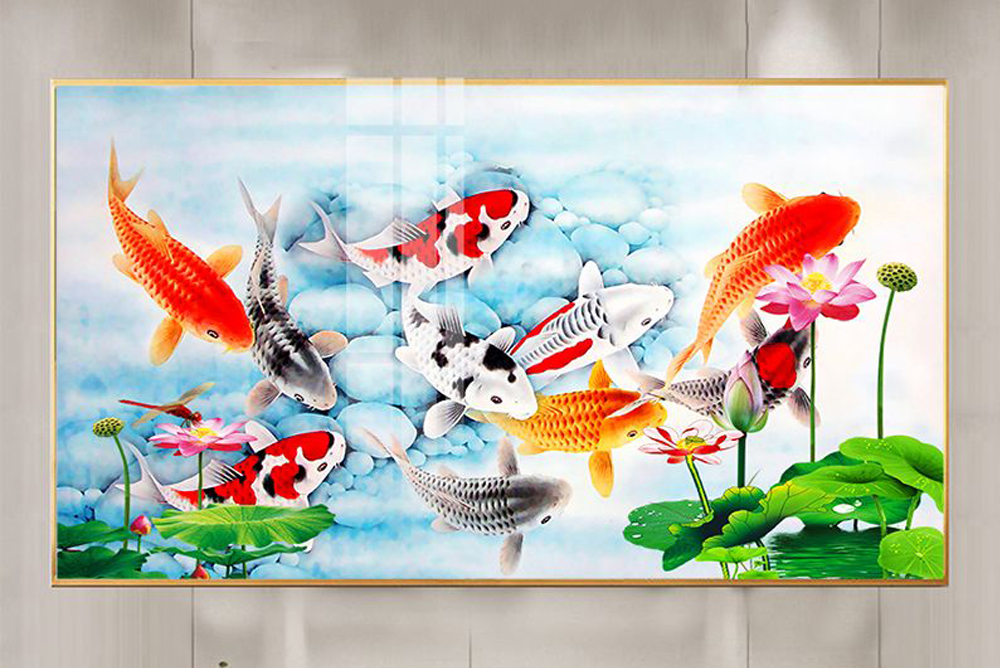 Mẫu tranh cửu ngư quần hội cá chép hoa sen đẹp