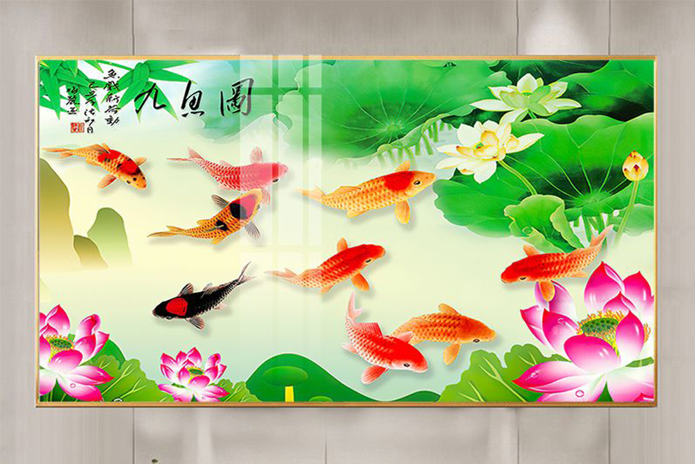 Mẫu tranh cửu ngư quần hội cá chép hoa sen đẹp