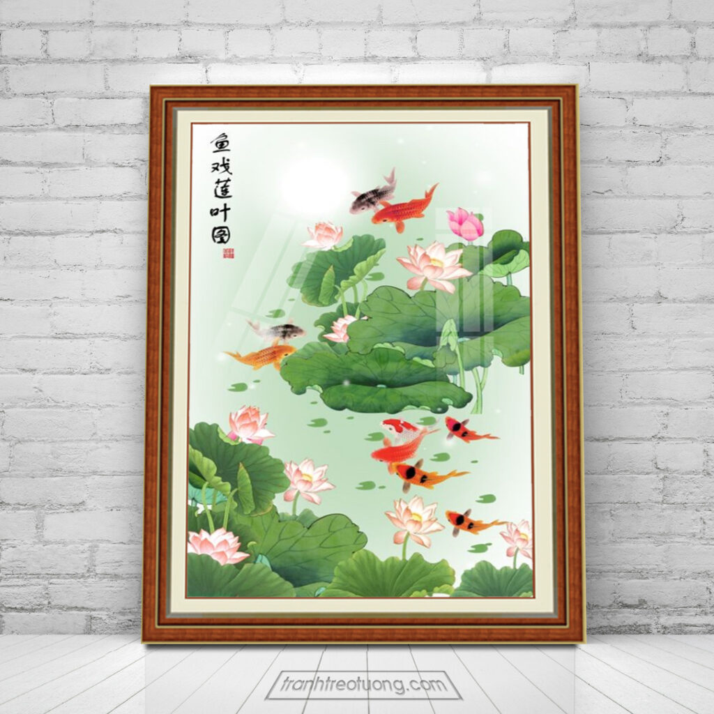 Mẫu tranh cửu ngư quần hội cá chép hoa sen đẹp