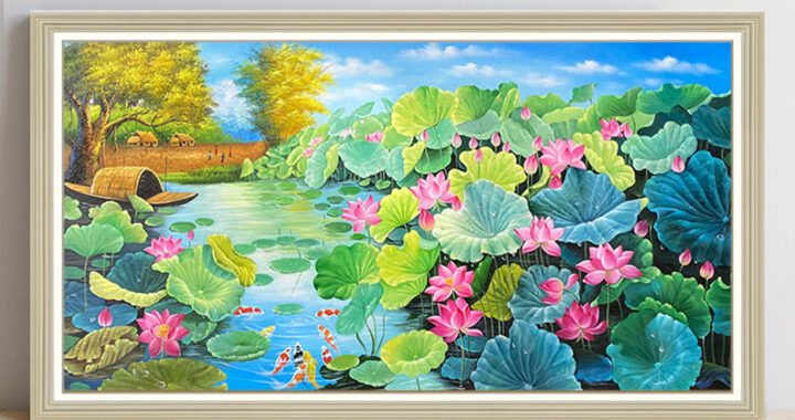 Mẫu tranh đẹp phong cảnh đầm sen quê hương